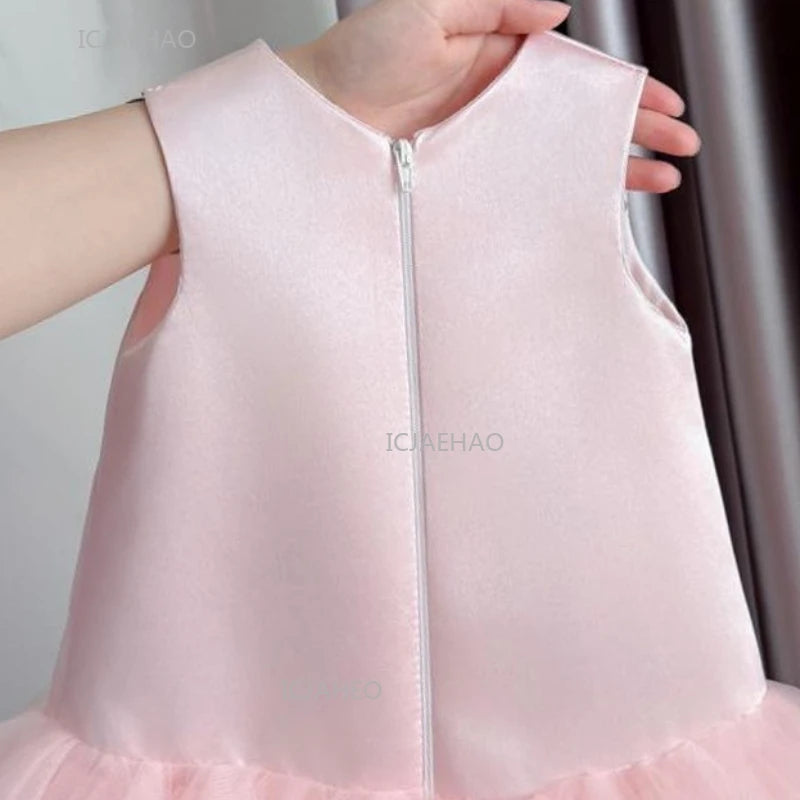 Girls' Pink Princess Party Dress with Mesh Skirt