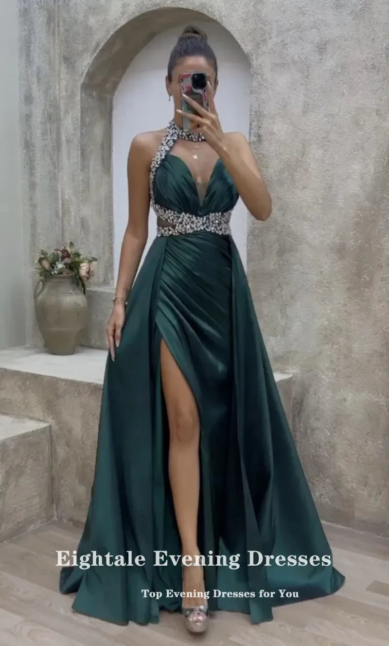 Eightale Dark Green Satin Beaded Evening Dress