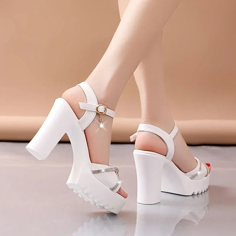 Sandals for Women Summer 2025 Block Heel Ladies Shoes Wedge with Platform Waterproof Footwear Chunky Super-high Beige