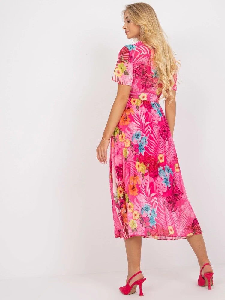 V-Neck Printed Pleated Holiday Dress