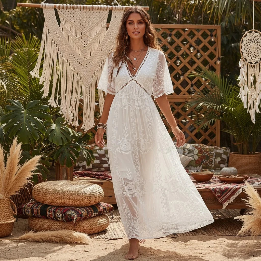 Lace Embroidery Chiffon Beach Dress