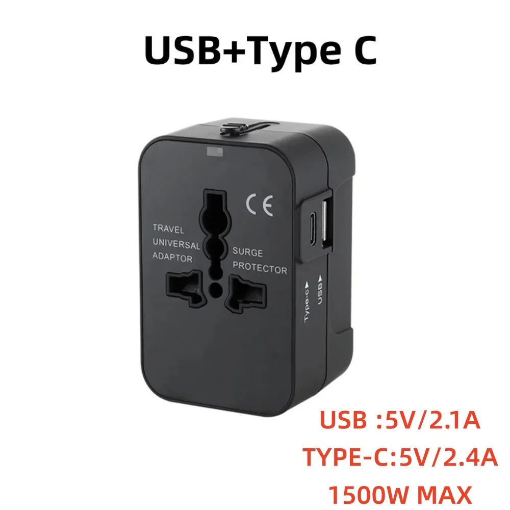 Universal Travel Adapter — UK/EU/US/AU with USB-A and USB-C Ports