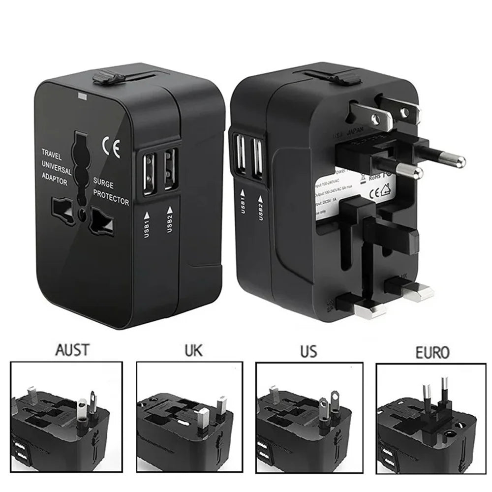 Universal Travel Adapter — UK/EU/US/AU with USB-A and USB-C Ports