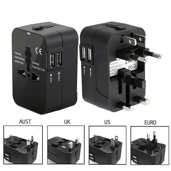 Universal Travel Adapter — UK/EU/US/AU with USB-A and USB-C Ports