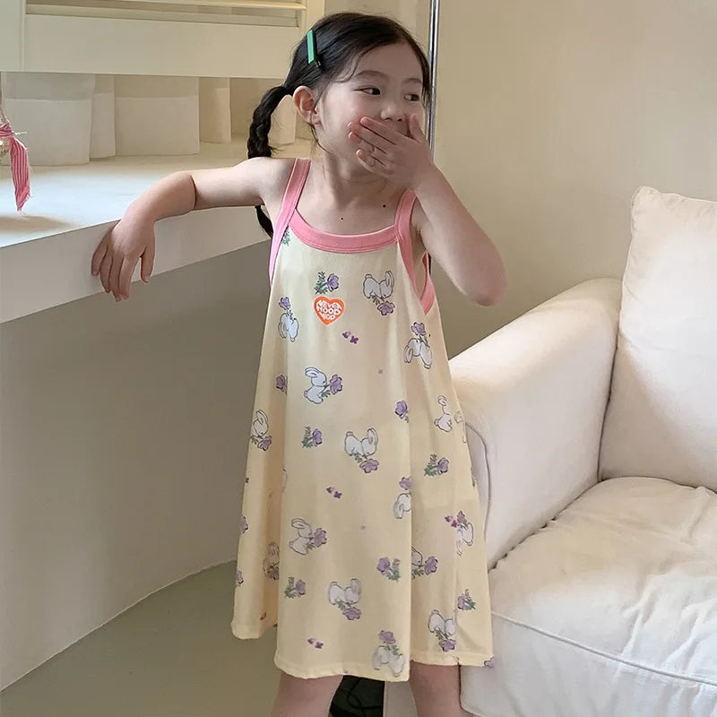 Rabbit Kids Cotton Nightdress Little Teen Girl Pajamas Dresses Children Summer Nightgowns Home Clothes Kids Sleepwear Gecelik
