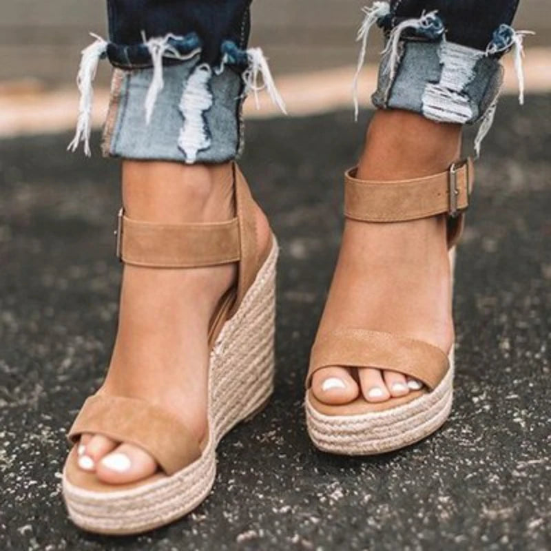 Women's Espadrille Wedge Heeled Sandals – Buckle Strap