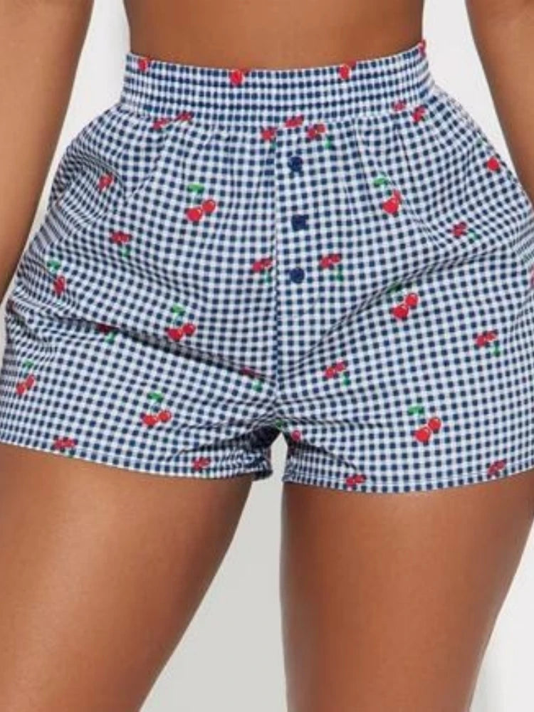 Cherry Plaid High-Waist Shorts