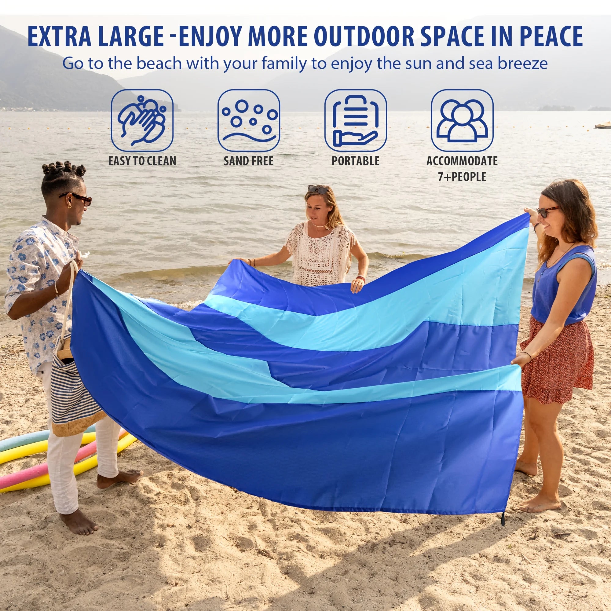 Blue White Striped Sandproof Waterproof Beach Mat