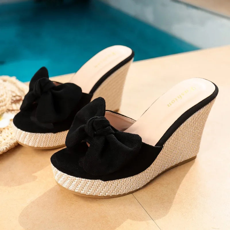 Women Wedge Sandals with Bowknot Platform Heels Comfortable Summer Slides for Beach Party Casual Fashion Style Daily Wear