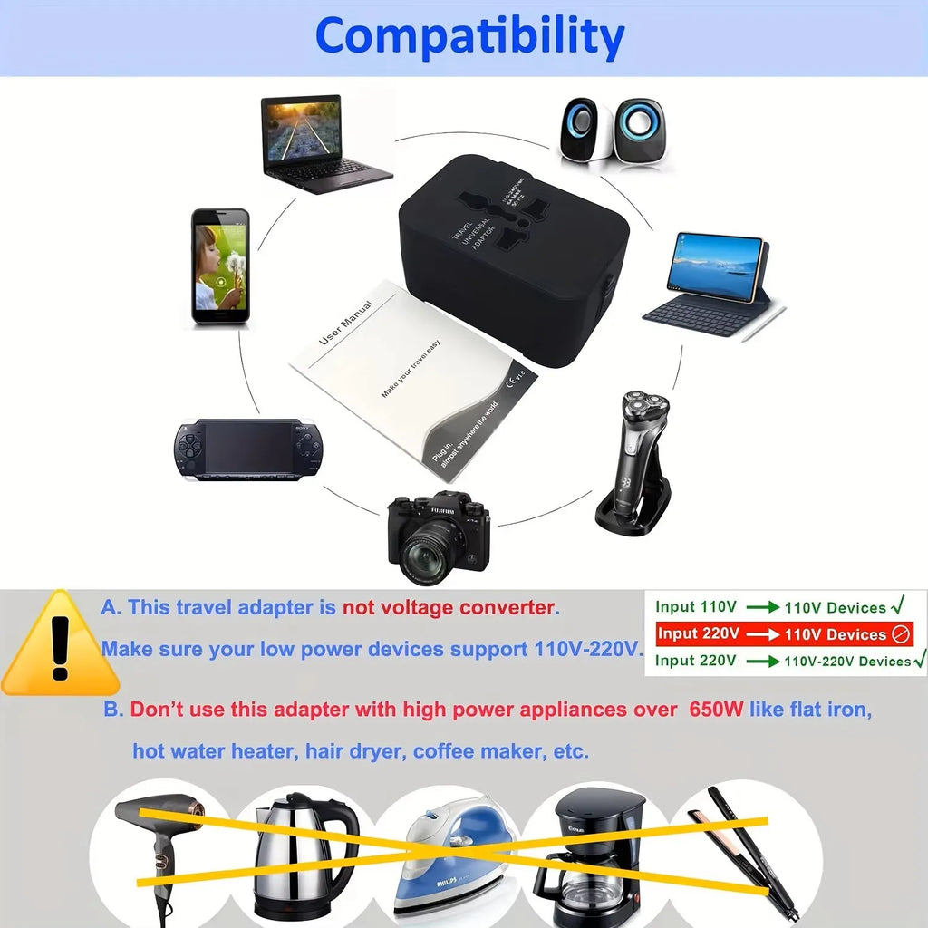 Universal AC Power Adapter — EU/US Plug Converter with Dual USB Ports