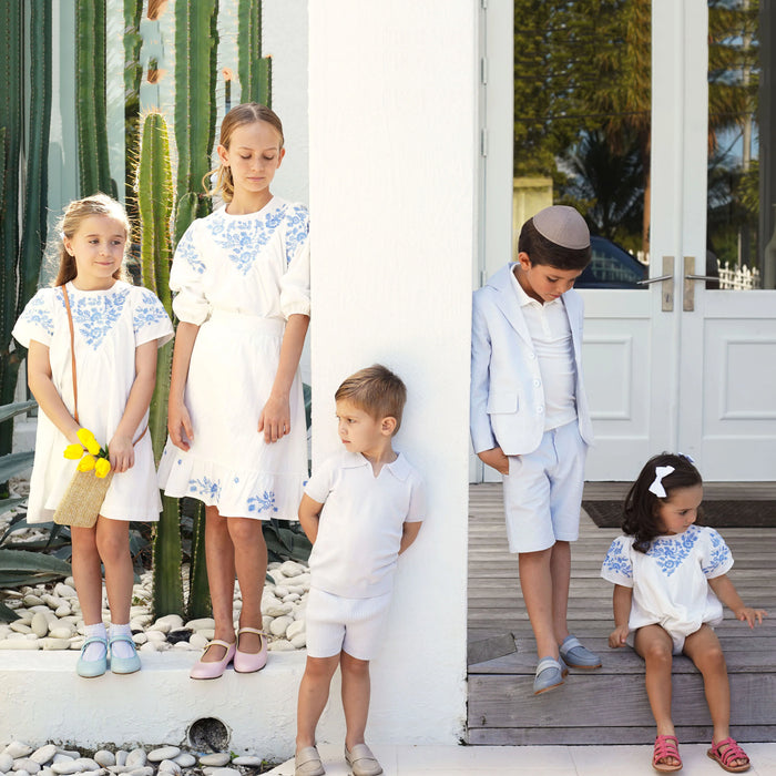 Cobalt Embroidery Kids Dress & Matching Set — Girls & Boys Sibling Outfits