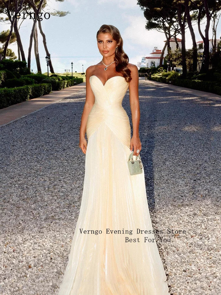 Verngo Light Yellow Shiny Chiffon Prom Gowns Sweetheart A Line Evening Dresses Women Elegant Formal Occasion Dress Customized