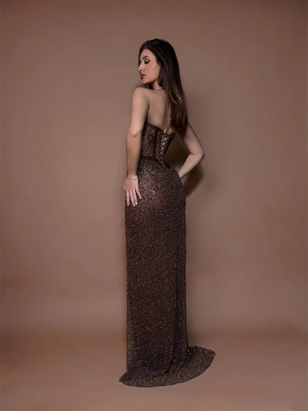 Cathy Customized Halter Neck Lace Mermaid Prom Dress Luxury Beads Side High Split vestidos de noiva Floor-length Formal Evening