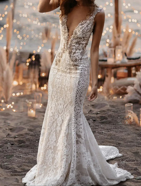 Customzied Sexy Beach Mermaid Boho V Neck Cap Sleeve Court Train Lace Bridal Gowns With Appliques