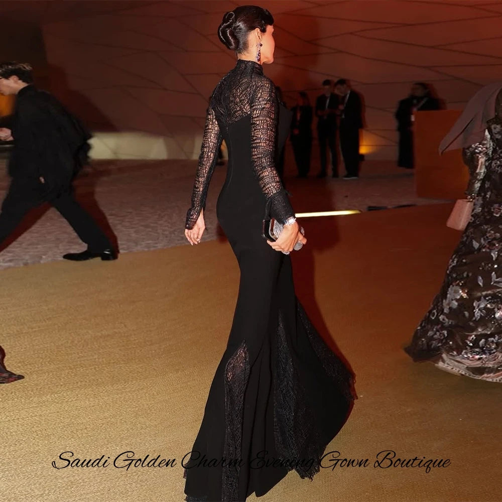 Luxury High Collar Long Sleeves Customized Prom Dress Elegant Mermaid Jersey Celebrity Gowns Delicate Lace Evening Dresses