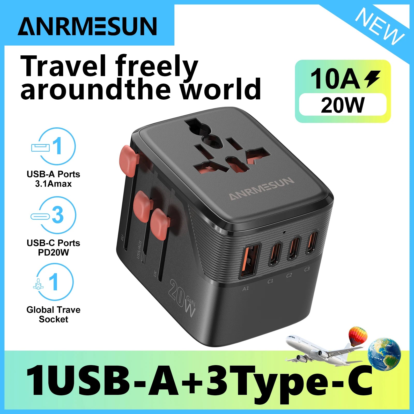 Universal Travel Adapter 4-in-1 with USB-C PD 65W