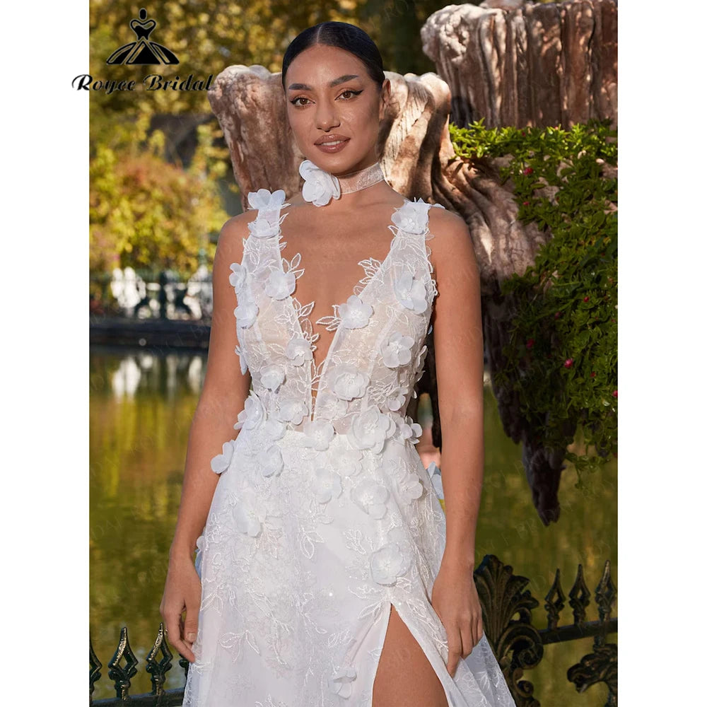 Boho 3D Floral Tulle Wedding Dress with Slit 2026