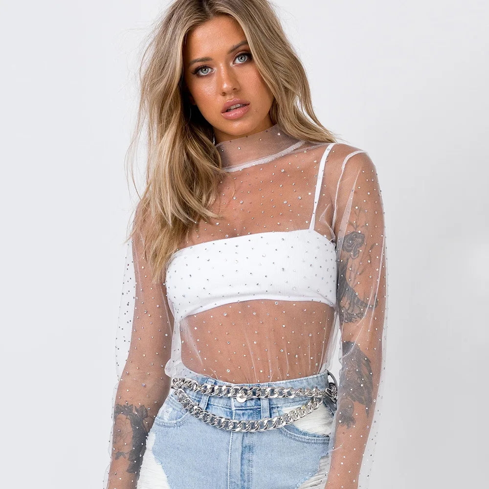Sheer Lace Rhinestone Turtleneck Crop Top