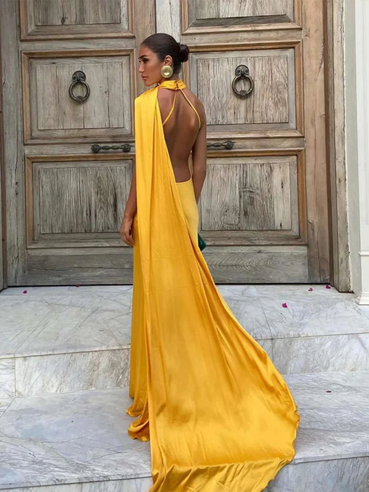 Ribbon Halter Backless Maxi Dress