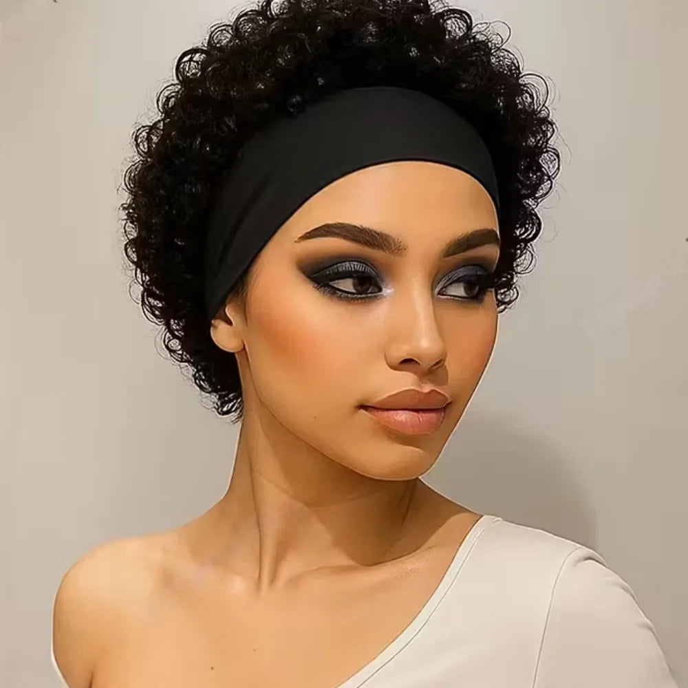 Short Pixie Cut Human Hair Headband Wig Curly