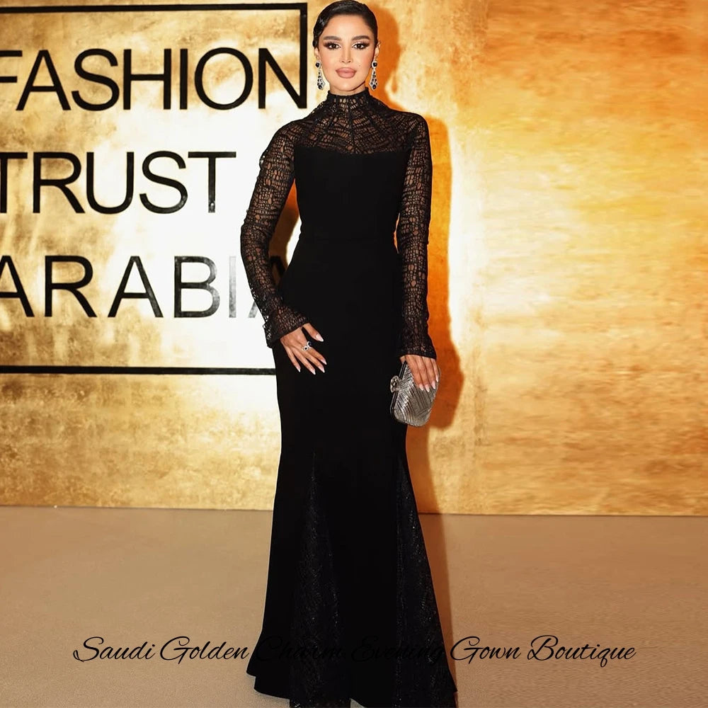 Luxury High Collar Long Sleeves Customized Prom Dress Elegant Mermaid Jersey Celebrity Gowns Delicate Lace Evening Dresses