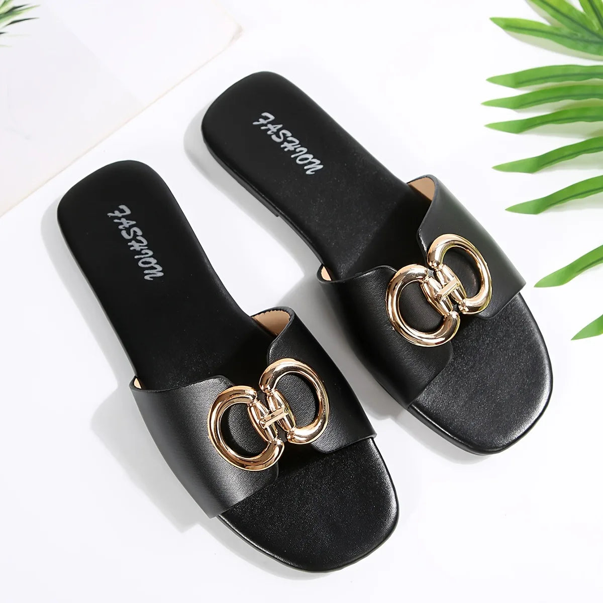 Women's Sandals, Women's Shoes, New Fashion Foreign Trade Style, Versatile Solid Color Decorative Square-Toed Women's Slippers