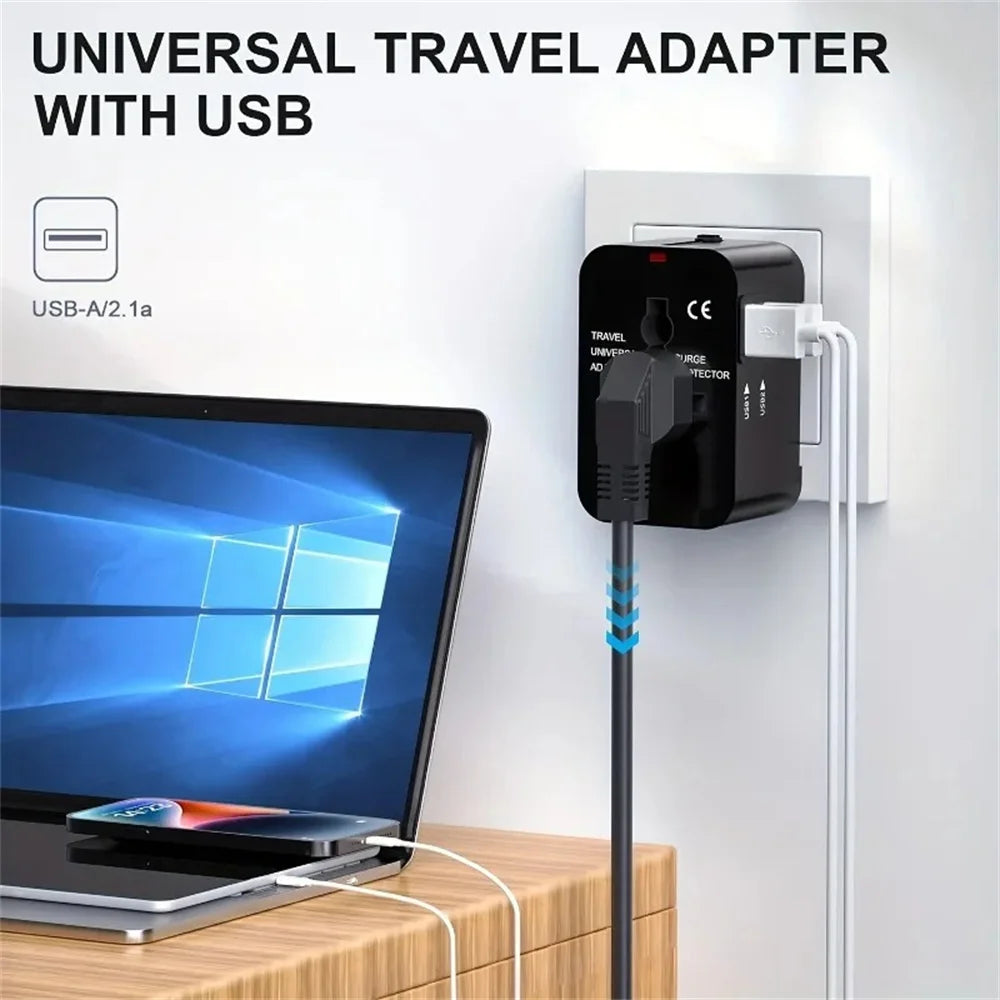 Universal Travel Adapter — UK/EU/US/AU with USB-A and USB-C Ports