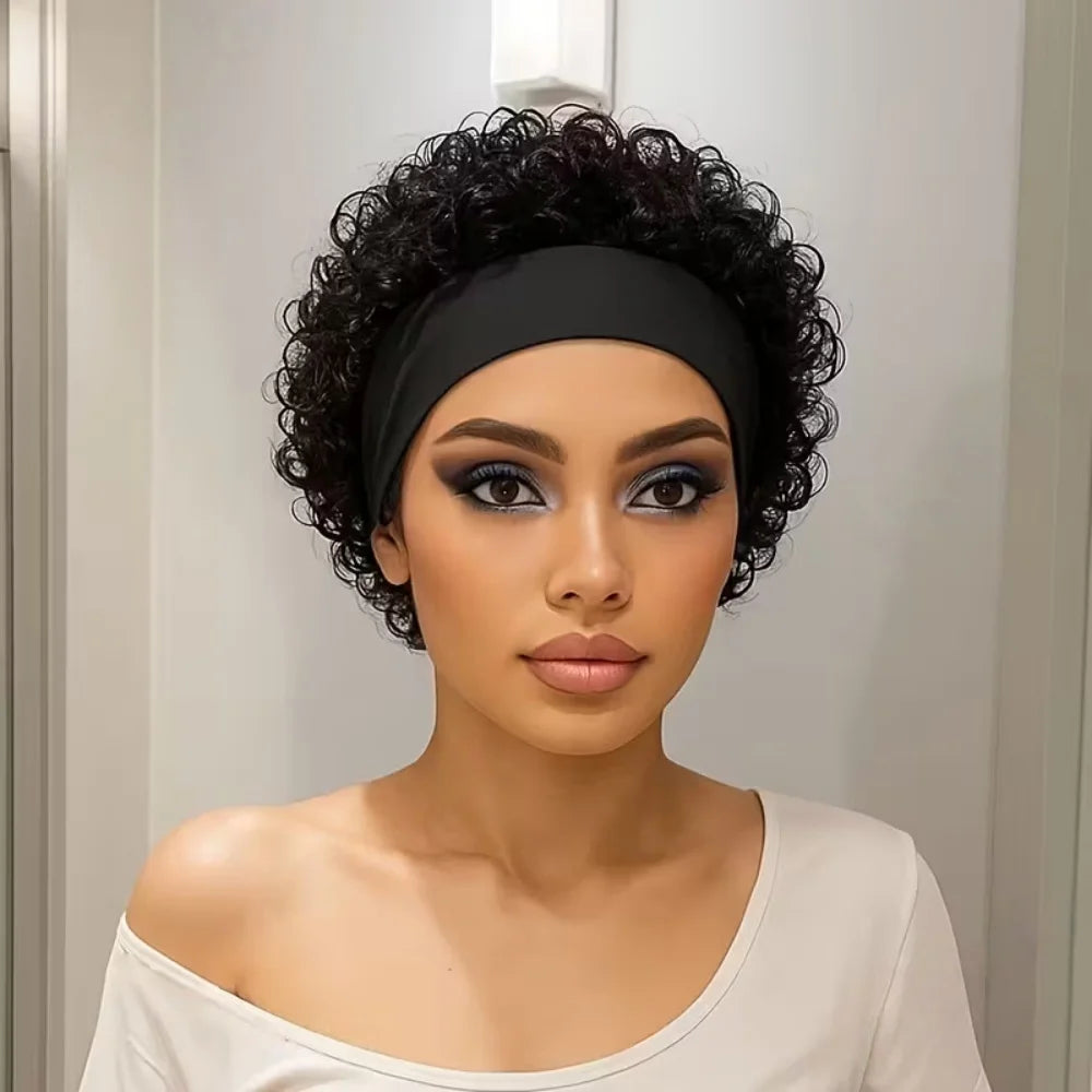 Short Pixie Cut Human Hair Headband Wig Curly