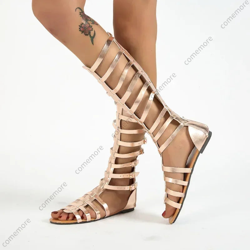 Sandals Ladies Fashion Casual Flats Knee High Boot Retro Shoes Sandal 2025 New Peep Toe Women Outdoor Cool Summer Boots