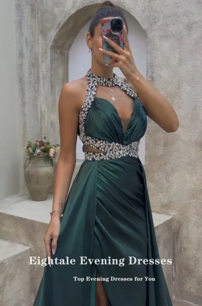 Eightale Dark Green Satin Beaded Evening Dress