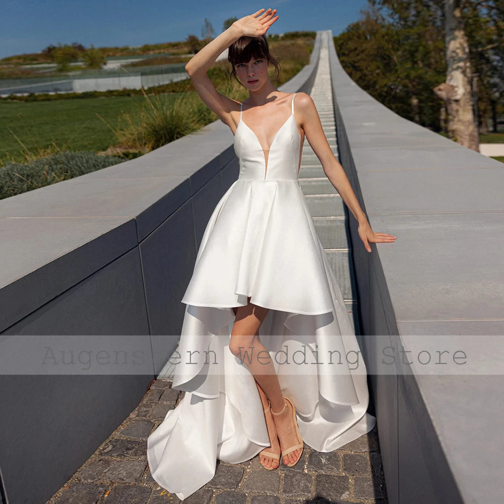 2026 Bride Gowns for Women Charming Satin A-line Wedding Party Dress White Sweetheart Ruched Tailing Wedding Guest Dresses Hi-Lo