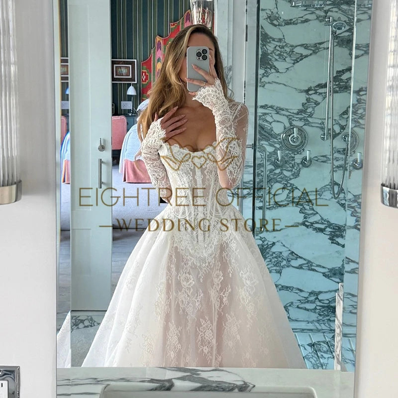 Eightree Formal A-Line Wedding Dresses Princess Long Sleeve Lace Long Bride Dress Boho White Simple Wedding Gowns Custom Made