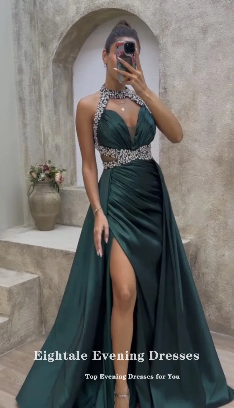 Eightale Dark Green Satin Beaded Evening Dress