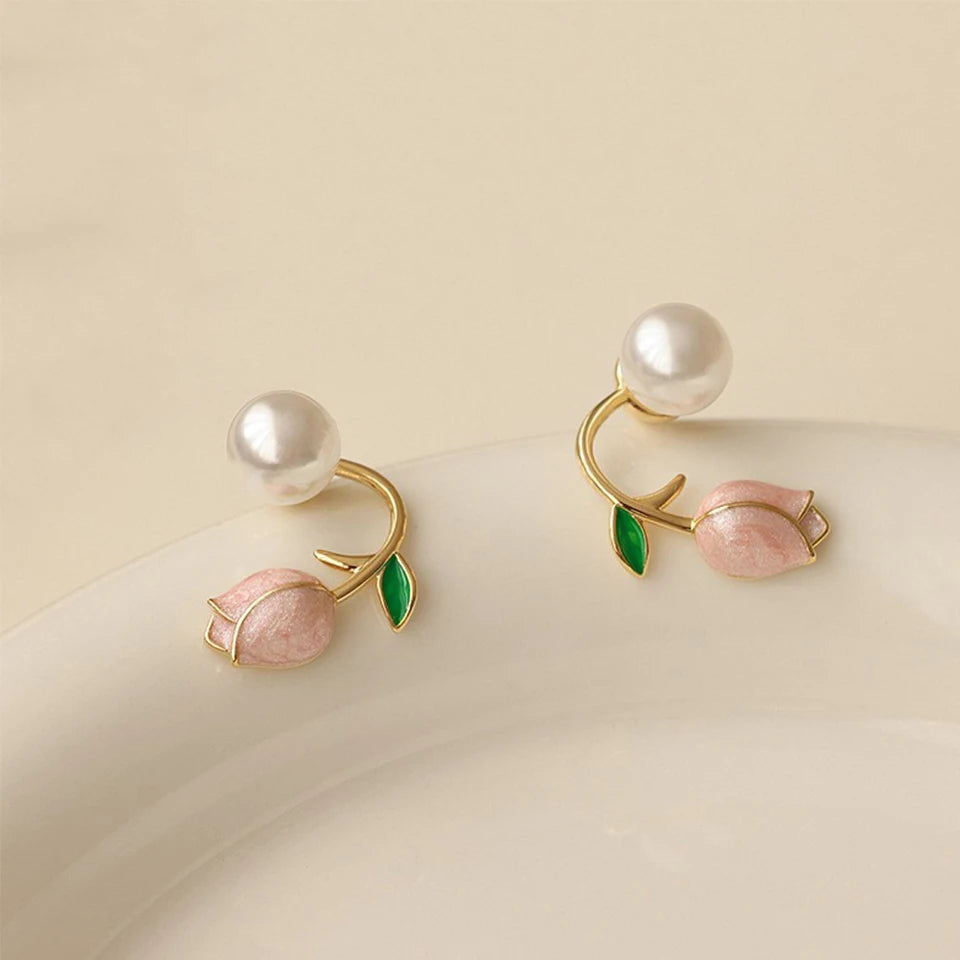 ZAKOL Fresh Rose Stud Earrings with Imitation Pearl Sweet Pink Tulip Earrings Exquisite New Accessories for Women Trendy Jewelry