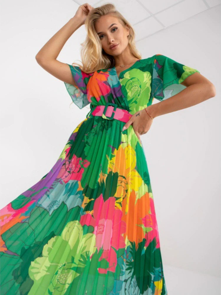 V-Neck Printed Pleated Holiday Dress