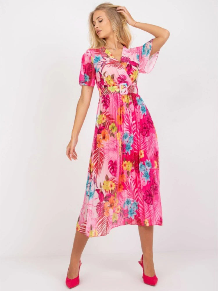 V-Neck Printed Pleated Holiday Dress