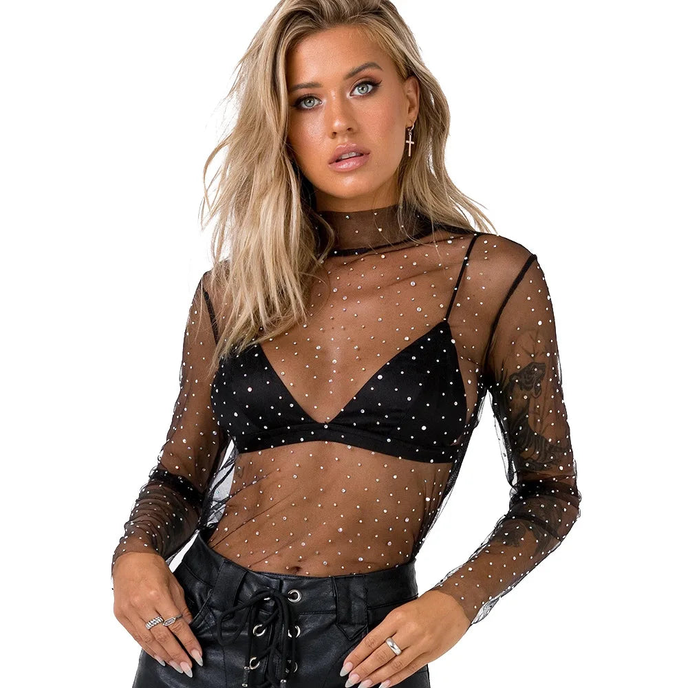 Sheer Lace Rhinestone Turtleneck Crop Top