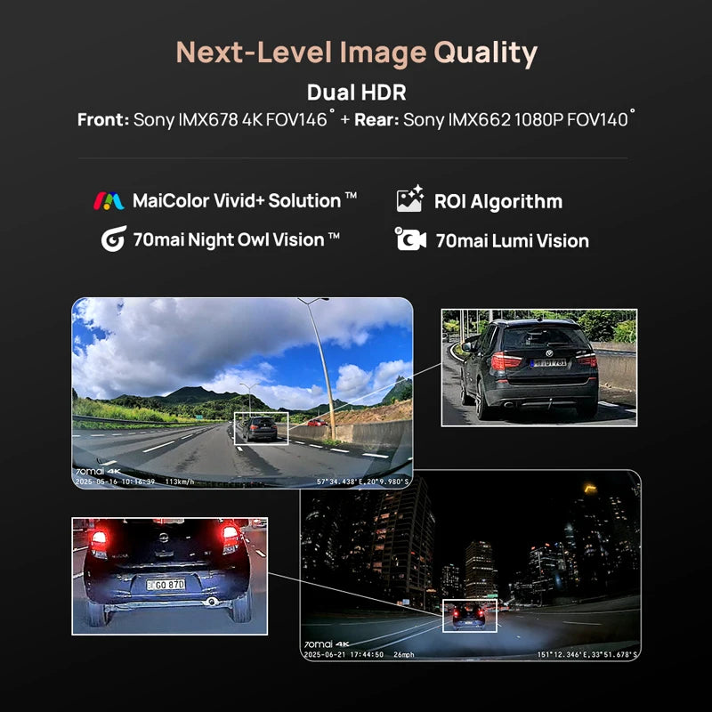 70mai 4K Dash Cam A810S Dual Sensor Front 4K 30FPS Rear 1080P HDR Buffered Emergency Recording Supercapacitor Night Vision