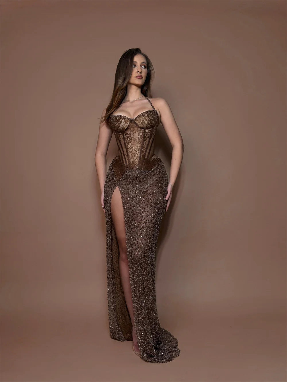 Cathy Customized Halter Neck Lace Mermaid Prom Dress Luxury Beads Side High Split vestidos de noiva Floor-length Formal Evening