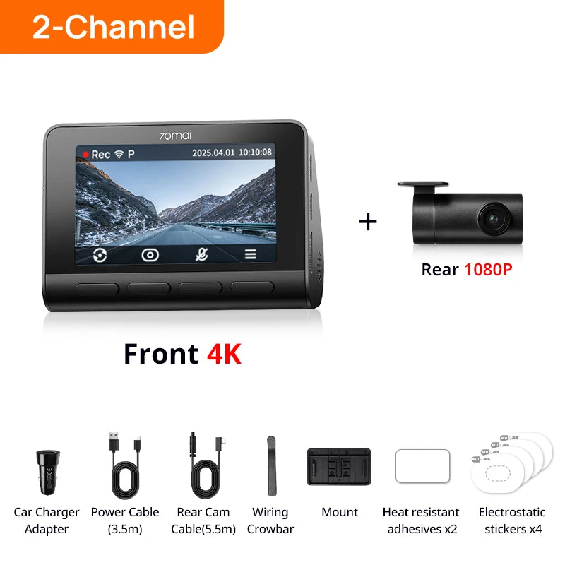 70mai 4K Dash Cam A810S Dual Sensor Front 4K 30FPS Rear 1080P HDR Buffered Emergency Recording Supercapacitor Night Vision