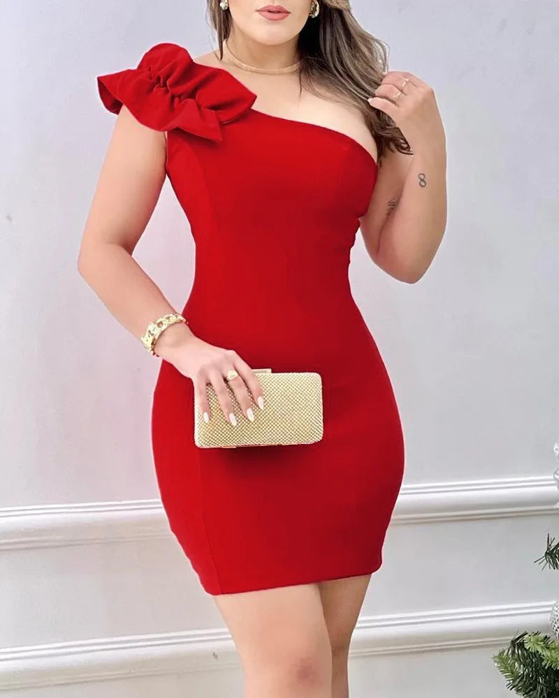 Red Ruffle One-Shoulder Party Dress