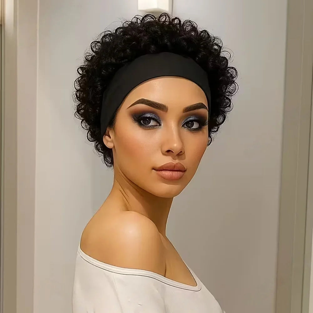 Short Pixie Cut Human Hair Headband Wig Curly