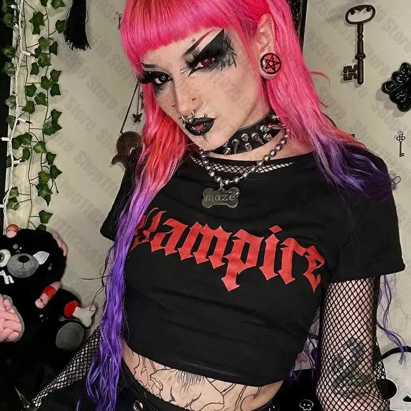 Letter-Print Gothic Crop Top