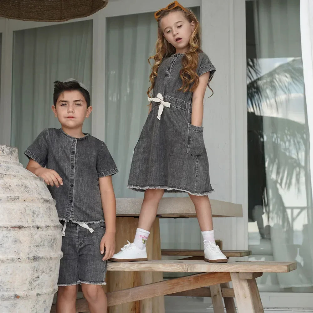 AP 2025 spring summer denim collection boys girls fashion cotton washed jeans family dress shirt skirt