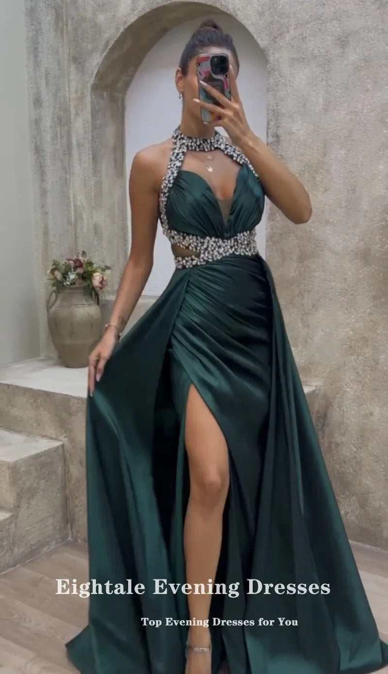 Eightale Dark Green Satin Beaded Evening Dress