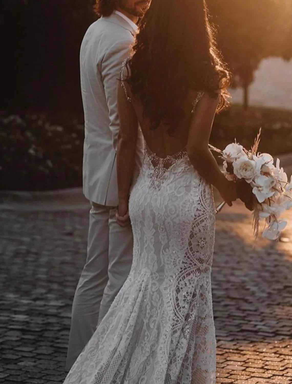 Customzied Sexy Beach Mermaid Boho V Neck Cap Sleeve Court Train Lace Bridal Gowns With Appliques