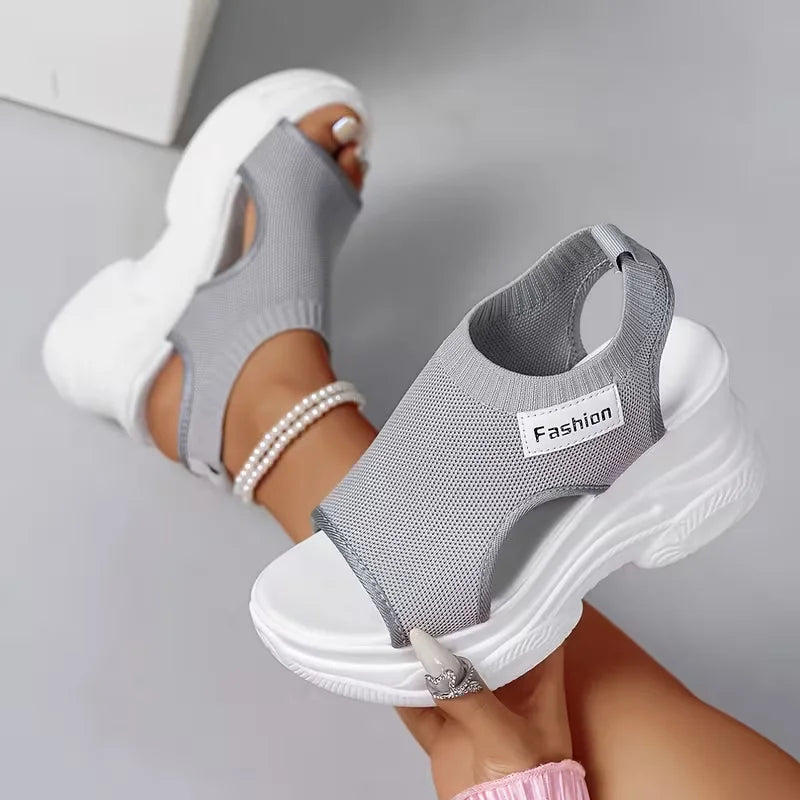 Women Sandals Breathable Wedge Platform Sport Sandals Summer Korean Version Fish Mouth Shoes Fashion Knitting Mesh Shoes Women