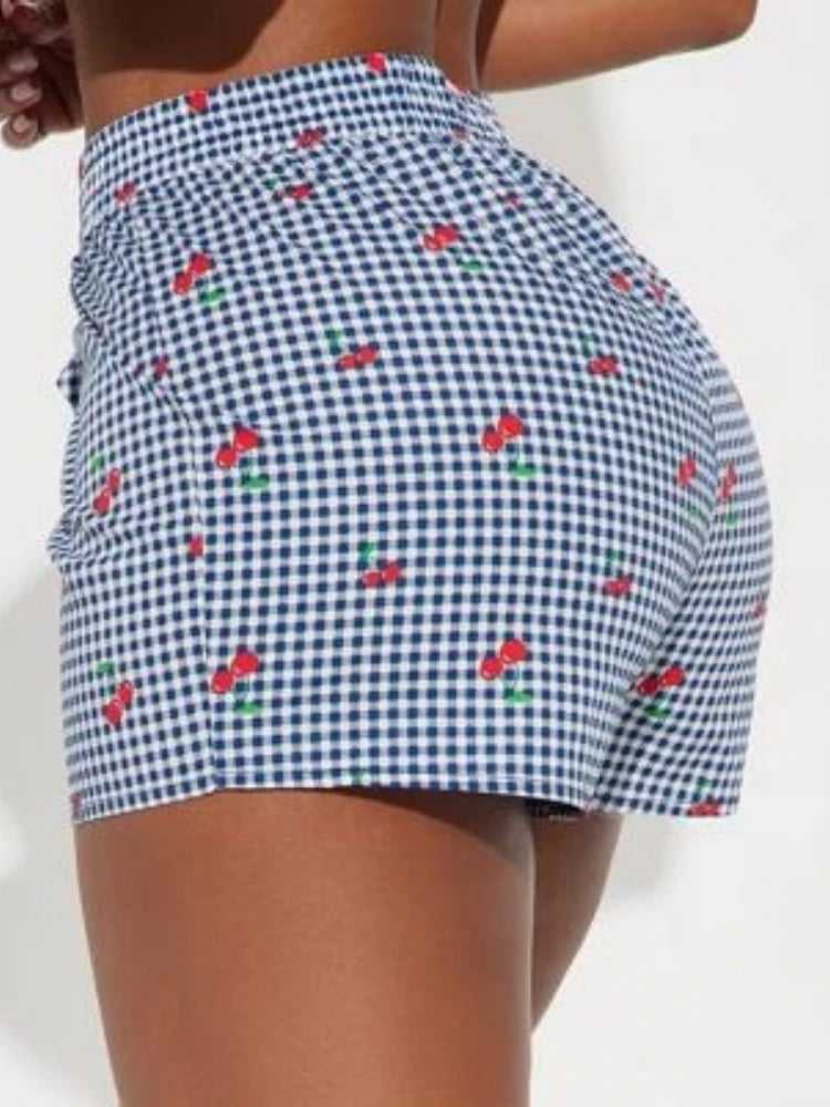 Cherry Plaid High-Waist Shorts