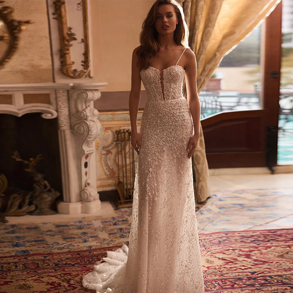 Elegant Spaghetti Straps Straight Bridal Gowns Customized Sequined and Beading Wedding Dress Sweetheart Tulle Vestido De Novia