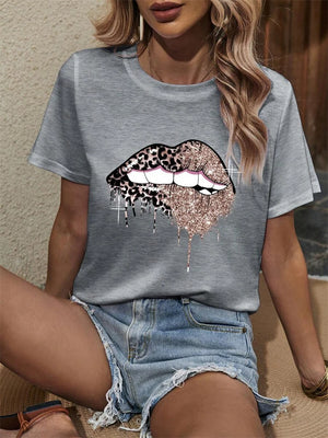 Women's Fashion Leopard Print Lip Print Summer Casual Short-Sleeve T-Shirt Summer Streetwear Graphic Tshirts Personality Y2K Top